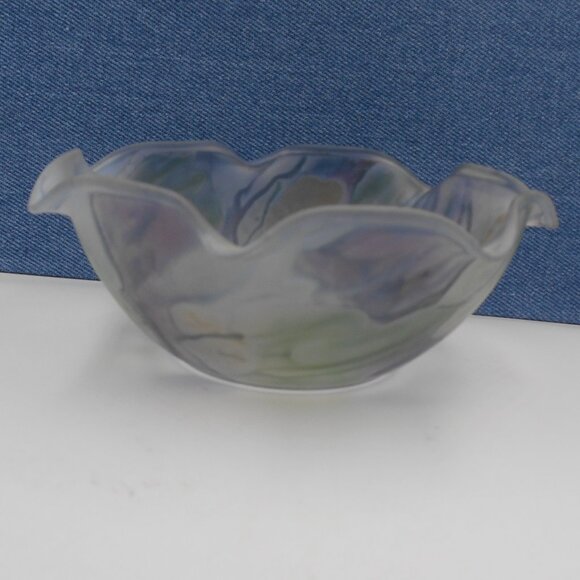 VINTAGE SMALL REUVEN RUFFLED EDGE ART GLASS BOWL & PLATE WATERCOLOR SATIN FINISH - Picture 2 of 12